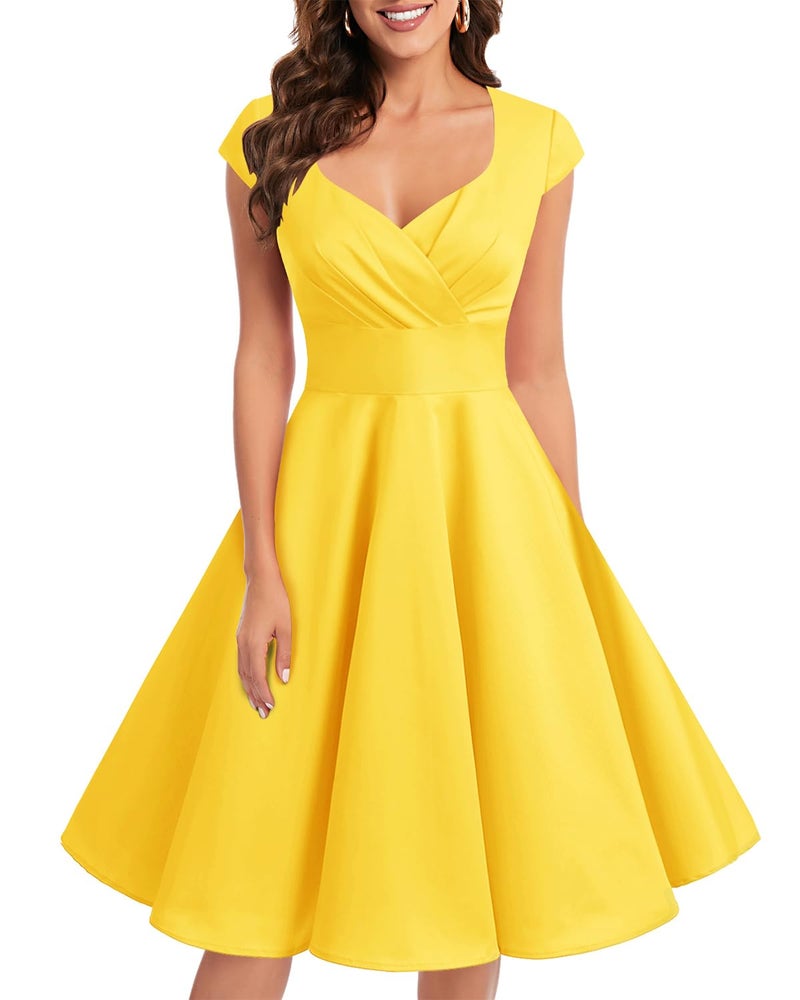 Bbonlinedress Yellow Vintage Summer Bridesmaid Dress Formal Cocktail Prom Party Women Short 1950s Retro Swing Dress Yellow L - Image 1